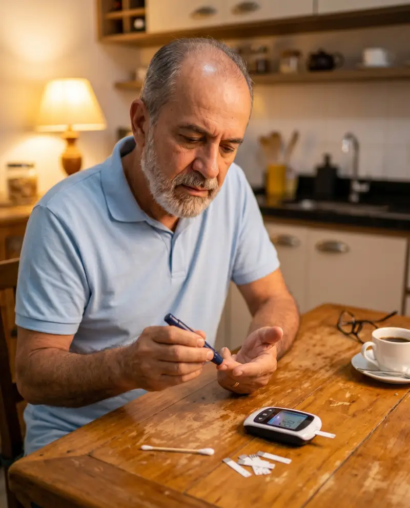 Pessoa idosa verificando glicemia — desafios diários de quem vive com diabetes