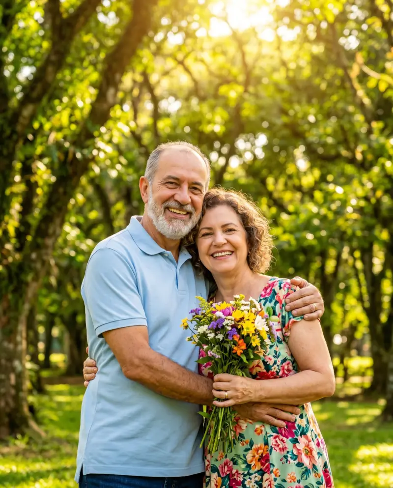 Casal idoso feliz e saudável após controlar diabetes com GotaVita